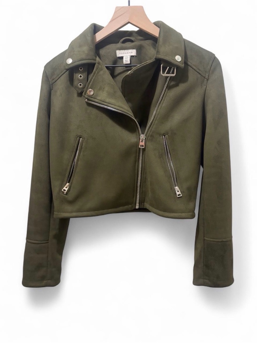Topshop Olive Green Faux Suede Moto Jacket